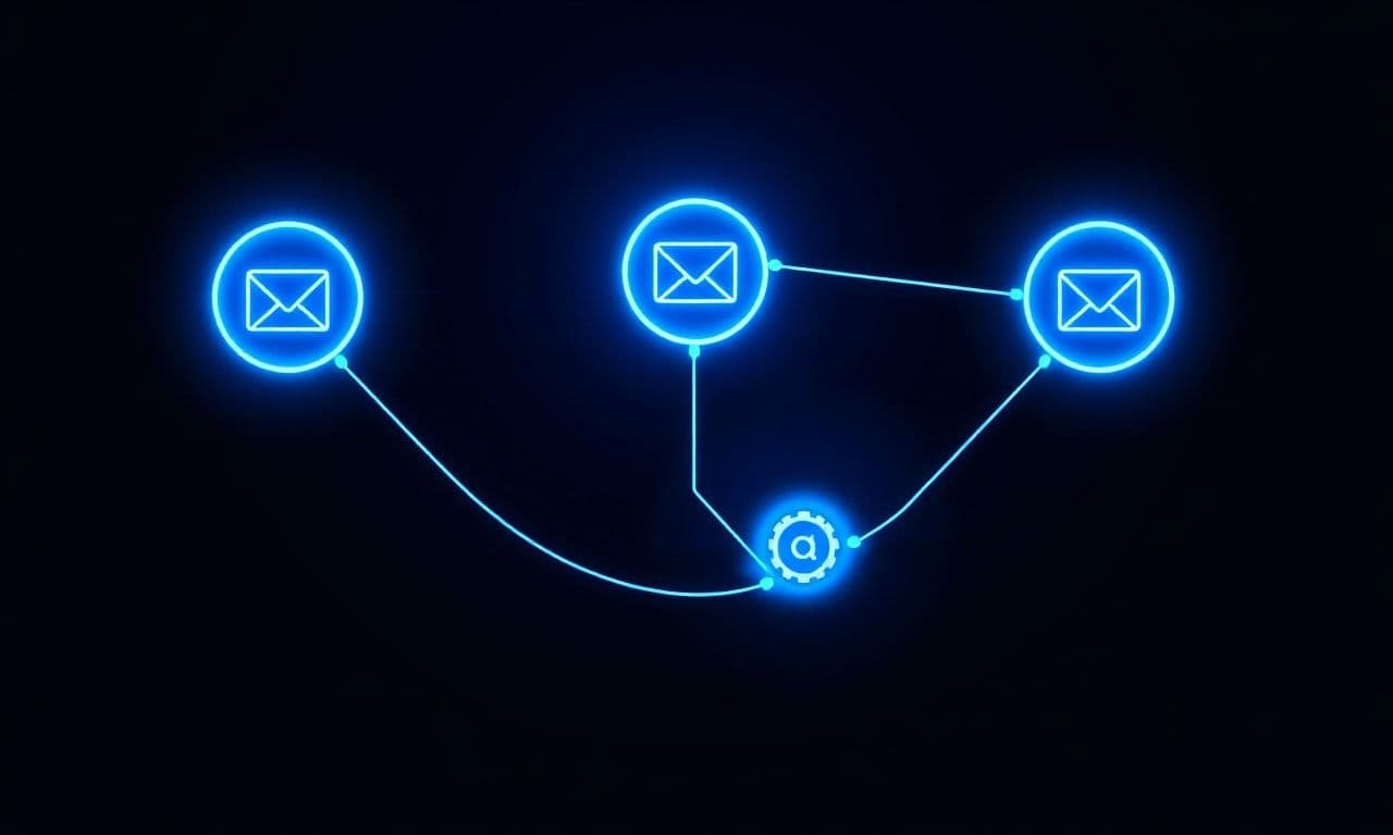 Fuenf leuchtende blaue Knotenpunkte im Fluss-Diagramm-Stil, jedes Symbol steht fuer ein Automatisierungs-Use-Case