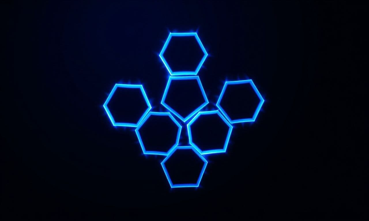 Sieben blaue Wabenstrukturen verbunden durch leuchtende Linien - symbolisiert sieben selbst gehostete Open-Source-Tools